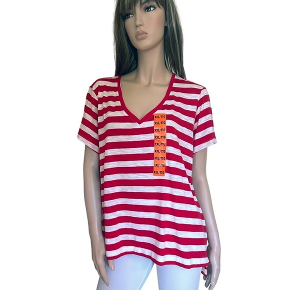 Nicole Miller Stripe Tee t-shirt Tank Top Red V-Neck Short Sleeve Hi Low NWOT - Picture 9 of 15